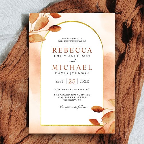 Boho Earthy Terracotta Leaves Arch Wedding Invitation