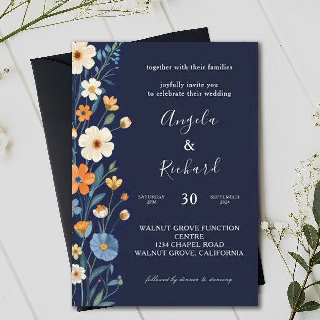 Boho Earthy Tones Blue Bloom Fall Wedding Invitation (Creator Uploaded)