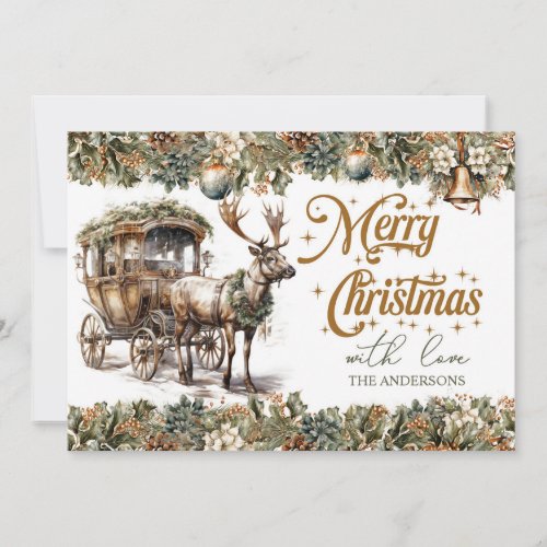 Boho Earthy tones green gold Reindeer and carriage Holiday Card