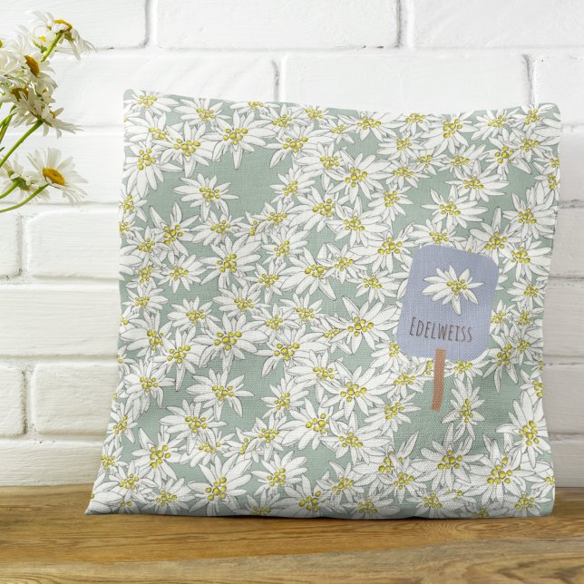 Boho Edelweiss Sound of Music Alpine Botanical Throw Pillow (Our Edelweiss pillow calls to mind the sweet aroma of Alpine breezes.)