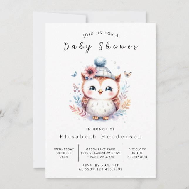 Boho Editable Owl Baby Shower Invitation (Front)
