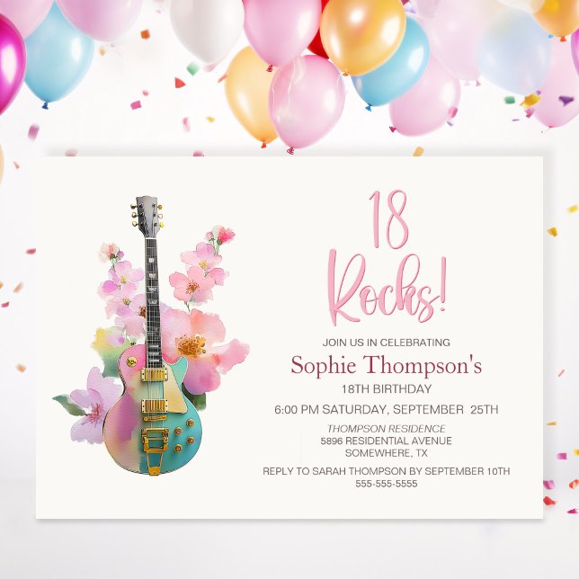 Boho Electric Guitar Pink Floral 18th Birthday Invitation (Creator Uploaded)