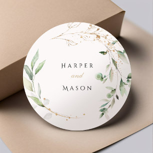 Boho Elegance Gold Splatter Greenery Round Sticker