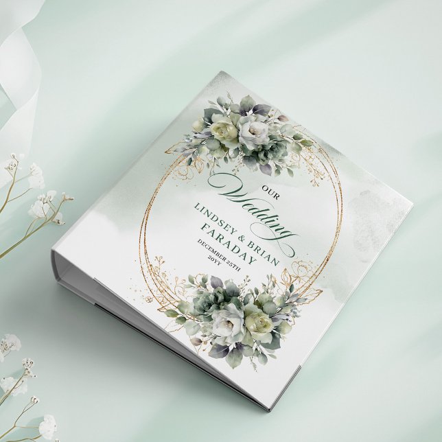 Boho Elegance Sage Green Eucalyptus Wedding Memory 3 Ring Binder (Boho Dusty Green Eucalyptus Watercolor Wedding Memory Album)