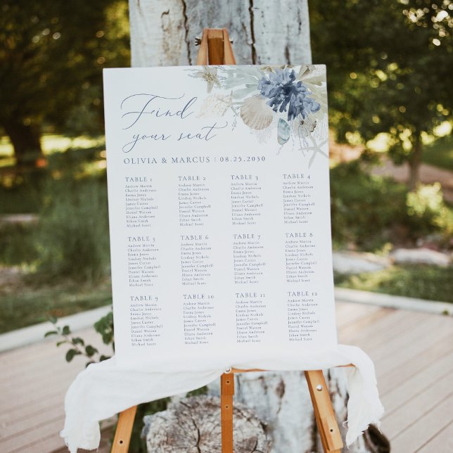 Boho Elegant Beach Blue Wedding Seating Chart Foam Board (Creator Uploaded)
