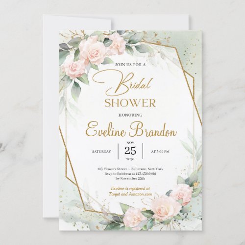Boho Elegant Blush Floral Eucalyptus Gold Frame Invitation