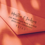 Boho Elegant Couple Names Wedding Return Address Rubber Stamp<br><div class="desc">Make addressing your envelopes a breeze with this modern and minimalist wooden return address rubber stamp design! Featuring the couple's names in elegant modern script calligraphy and their address in rustic serif typography, this beautiful stamp adds a personal touch to all your mail. The zip code is also included in...</div>