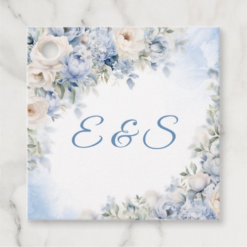 Boho Elegant Dusty Blue and Ivory Flowers initials Favor Tags
