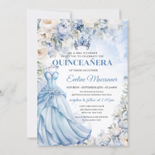 Boho Elegant  Dusty Blue and Ivory Flowers Tiara Invitation