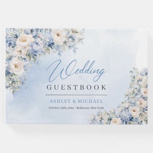 Boho Elegant Dusty Blue and Ivory Flowers wedding Guest Book