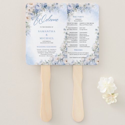 Boho Elegant Dusty Blue and Ivory Flowers wedding Hand Fan