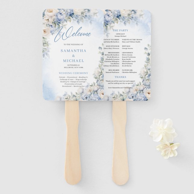 Boho Elegant Dusty Blue and Ivory Flowers wedding Hand Fan (Front and Back)