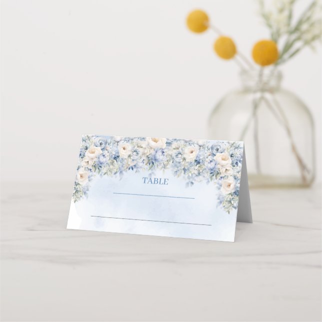 Boho Elegant Dusty Blue and Ivory Flowers winter Place Card (Front)