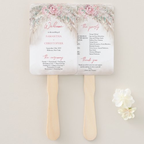 Boho elegant dusty rose pampas eucalyptus program hand fan