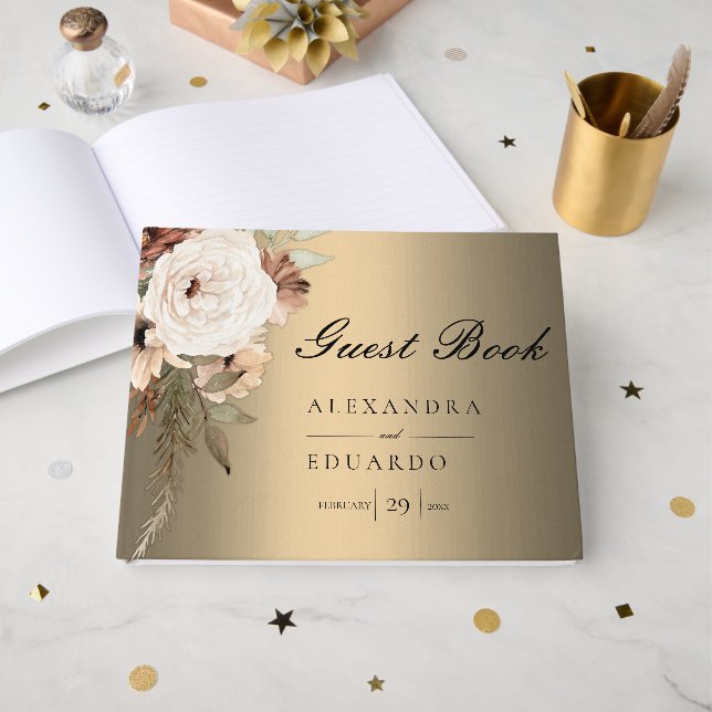 Boho Elegant Gold and Wildflowers Wedding Guest Book (Front Open)