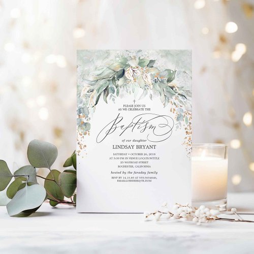 Boho Elegant Gold Glitter Greenery Baptism Invitation