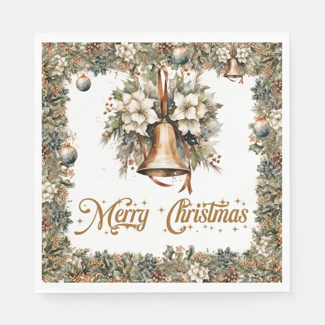 Boho Elegant greenery and Christmas gold bells Napkins (Front)