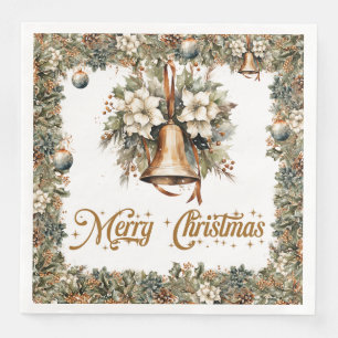 Boho Elegant greenery and Christmas gold bells Paper Dinner Napkins