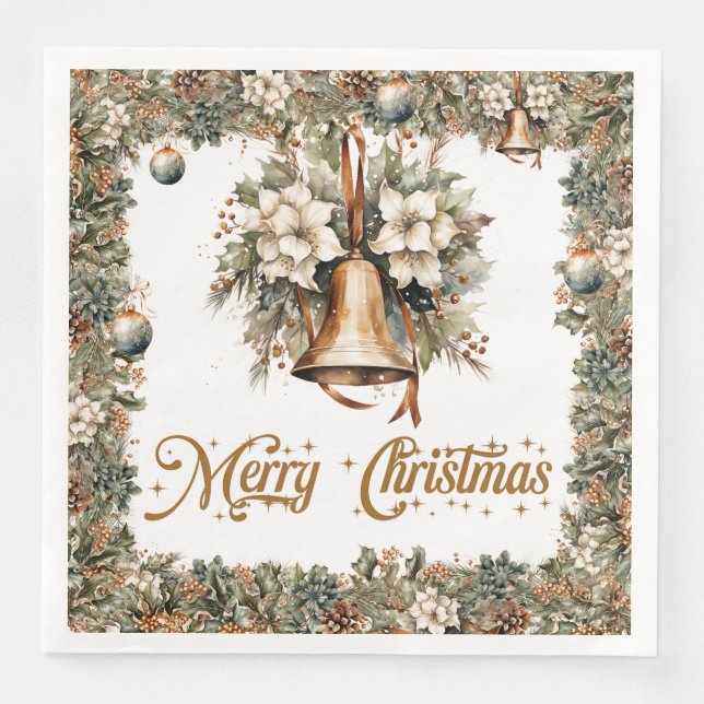 Boho Elegant greenery and Christmas gold bells Paper Dinner Napkins (Front)