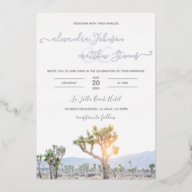 Boho Elegant Greenery Photo Joshua Tree Wedding Foil Invitation (Front)