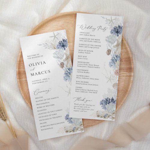 Boho Elegant Ocean Beach Coral Blue Wedding Program