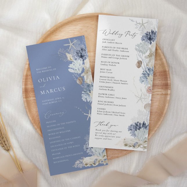 Boho Elegant Ocean Beach Coral Blue Wedding Program (Creator Uploaded)