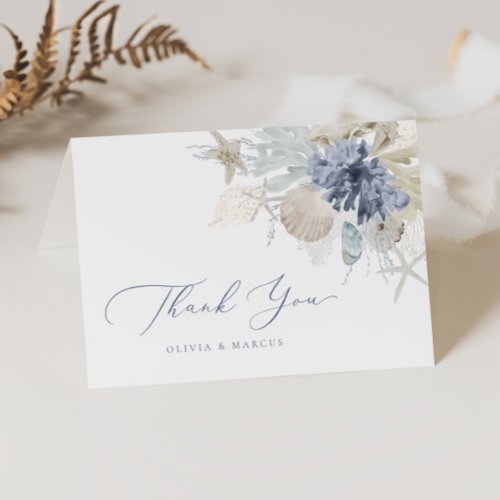 Boho Elegant Ocean Beach Coral Blue Wedding Thank You Card