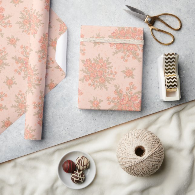 Boho Elegant Peach Orange Floral Wrapping Paper (Crafts)