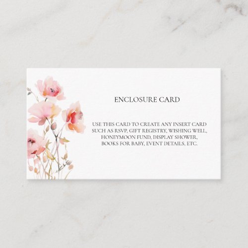 BOHO ELEGANT PINK BLUSH WATERCOLOR WILD FLOWERS ENCLOSURE CARD