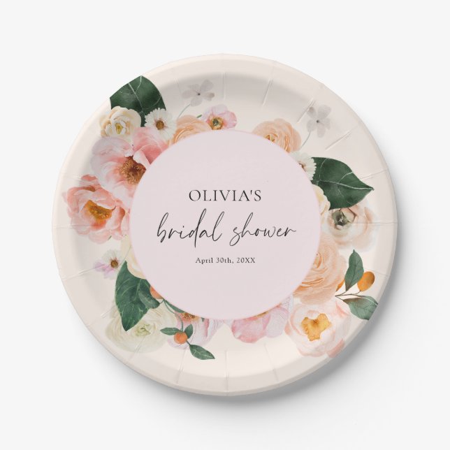 Boho Elegant Pink Floral Bridal Shower Paper Plates (Front)