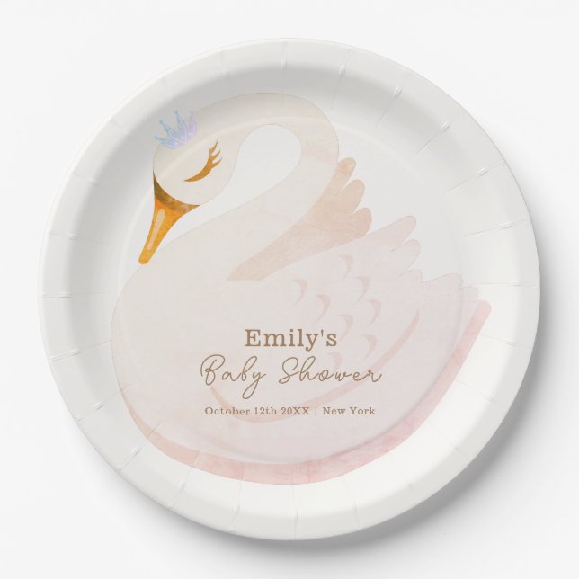 Boho Elegant Princess Swan Girl Baby Shower Paper Plates (Front)