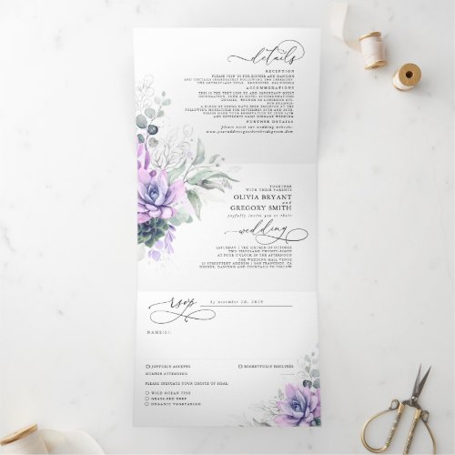 Boho Elegant Purple Succulents Greenery Wedding Tri_Fold Invitation
