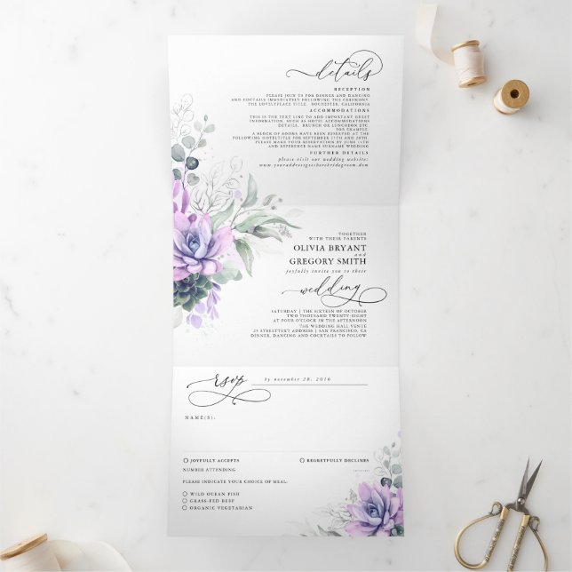 Boho Elegant Purple Succulents Greenery Wedding Tri-Fold Invitation (Inside)