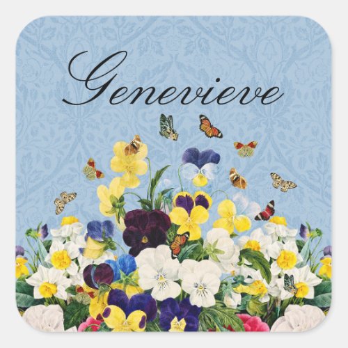 Boho Elegant Spring Pansies Daffodils Butterflies Square Sticker