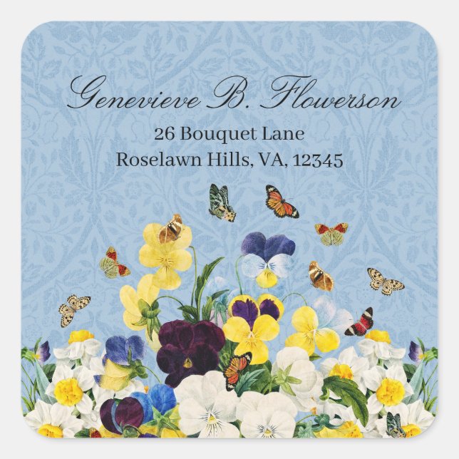 Boho Elegant Spring Pansies Daffodils Butterflies Square Sticker (Front)