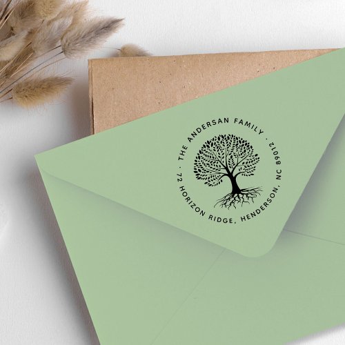 Boho Elegant Tree Roots Family Name Return Address Rubber Stamp