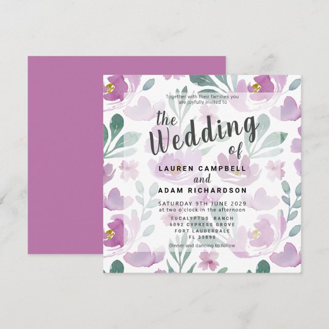 Boho Elegant Watercolor Floral Purple Wedding  (Front/Back)