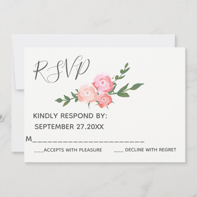 Boho elegant watercolor roses wedding RSVP Invitation (Front)