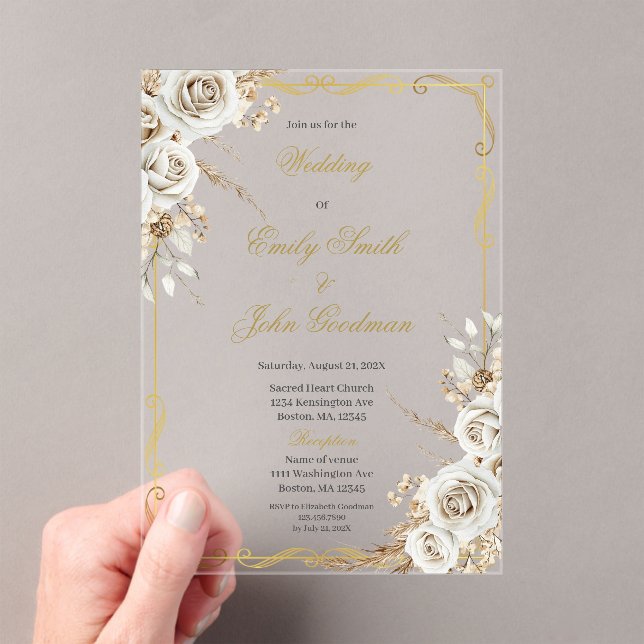 Boho elegant white flower wedding acrylic invitations (Insitu (Handheld))