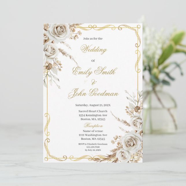 Boho elegant white flower wedding invitation (Standing Front)