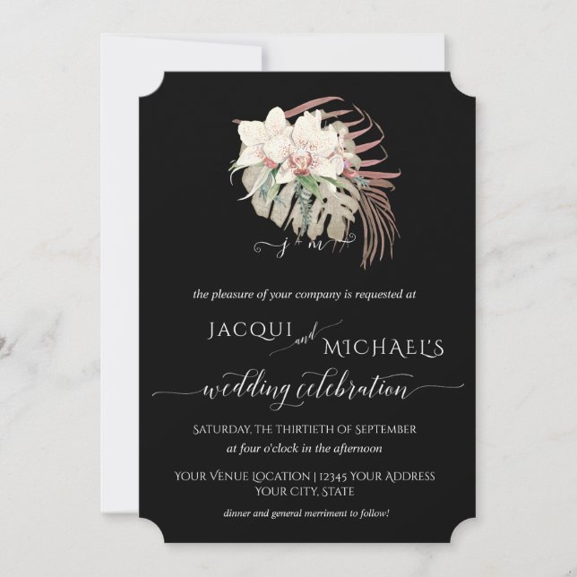 BOHO Elegant White Orchid Floral Tropical Wedding Invitation (Front)