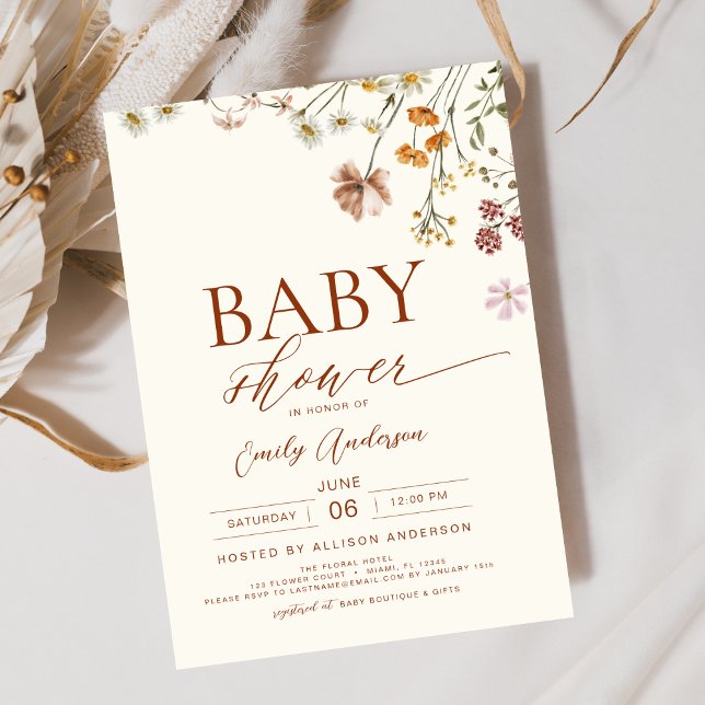 Boho Elegant Wildflower Baby Shower Terracotta Invitation (Creator Uploaded)