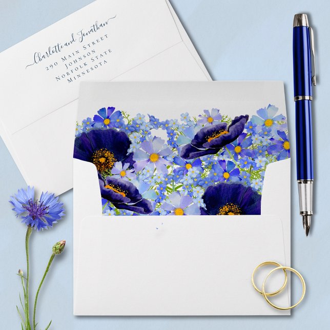 Boho Elegant Wildflower Wedding Envelope (Elegant wildflower blue summer floral watercolor wedding return address envelope stylish typography )