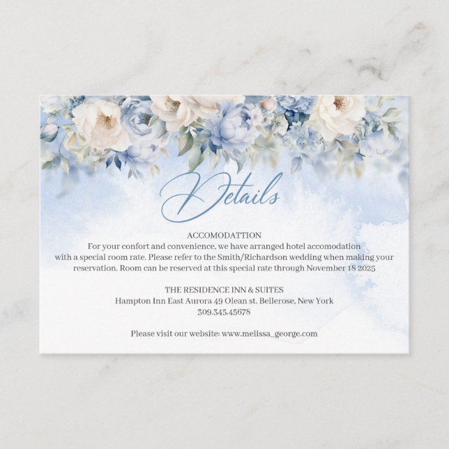 Boho Elegant winter dusty blue and ivory flowers  Enclosure Card (Front)