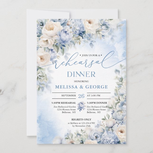 Boho Elegant Winter Dusty Blue and Ivory Flowers  Invitation (Front)