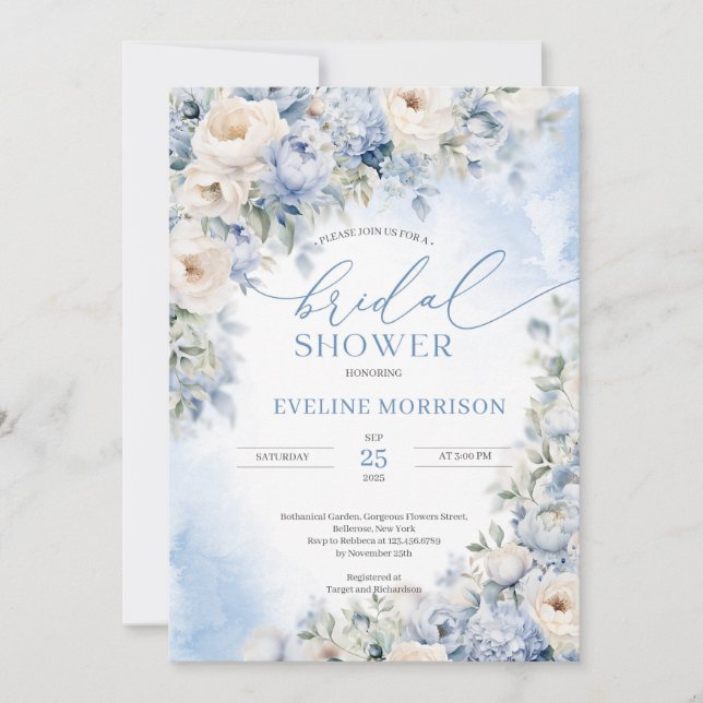 Boho Elegant winter dusty blue and ivory flowers  Invitation (Front)