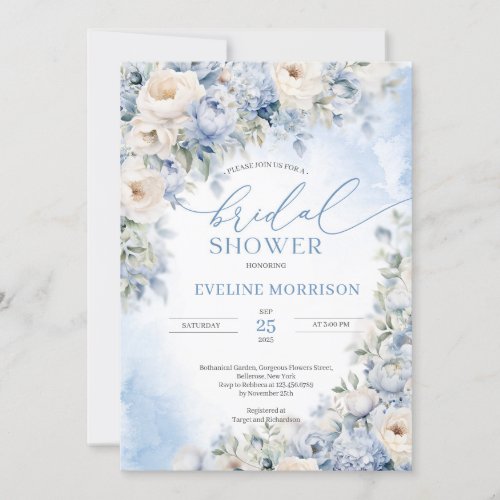 Boho Elegant winter dusty blue and ivory flowers  Invitation