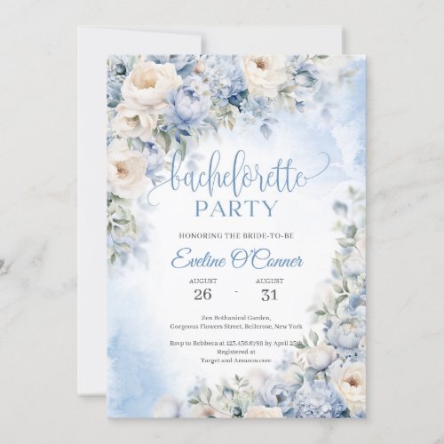 Boho Elegant Winter Dusty Blue and Ivory Flowers  Invitation