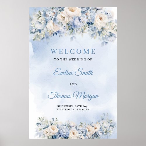 Boho Elegant winter dusty blue and ivory flowers  Poster