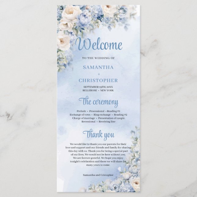 Boho Elegant winter dusty blue and ivory flowers Program (Front)